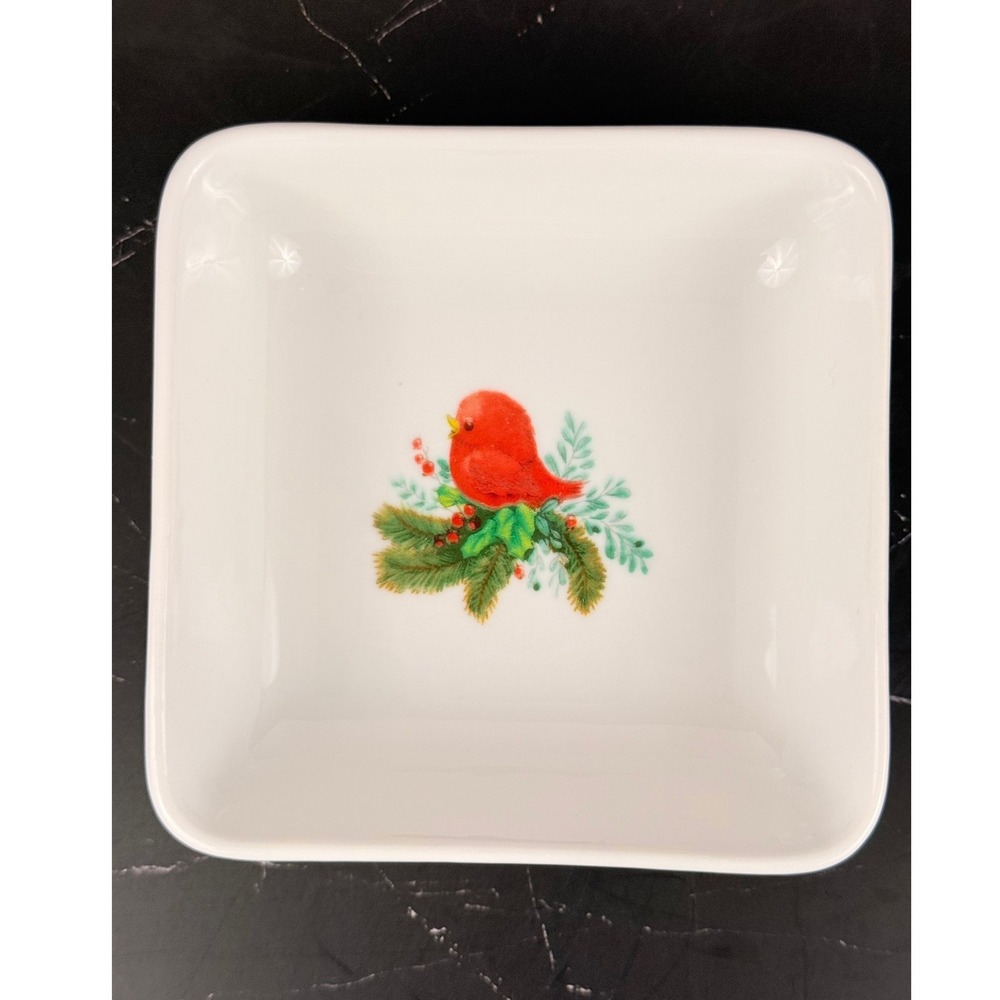 Pillivuyt France 4" Square Porcelain Dish Red Cardinal Winter Berries Design